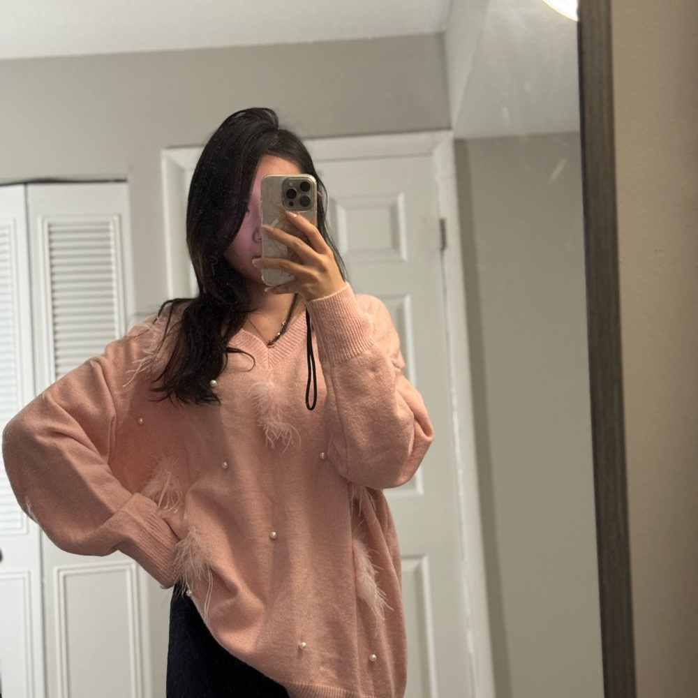 Pink Sweater with Feather and Pearl Accents